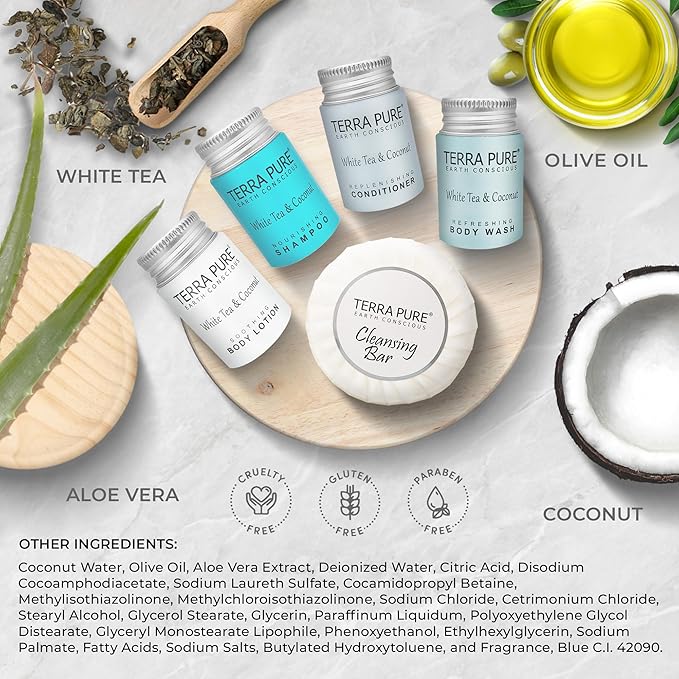 Terra Pure White Tea & Coconut Amenity Kit | Hotel Bulk Toiletries | 1 oz Shampoo, Conditioner, Lotion, Body Wash, Cleansing Bar for Guest Hospitality Vacation Rentals | 60 Sets/Case