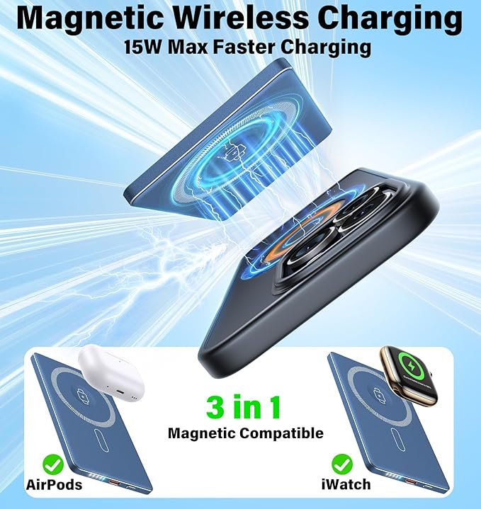 3-in-1 5000mAh for Magsafe Power Bank Thin Slim 22.5W Fast Charging Type C Magnetic Battery Pack Powerbank for Travel, Mini Wireless Portable Charger for iPhone 17 16 15 14 13 Watch Android Matte Blue