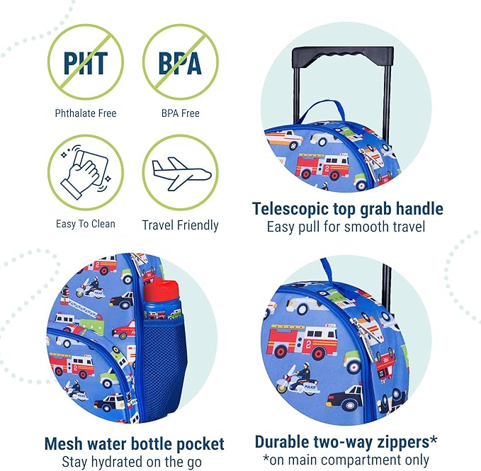 Wildkin Kids Rolling Luggage – Carry-On Size for School & Overnight Travel