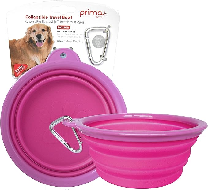 Collapsible Silicone Travel Dog and CAT Bowl with Carabiner, Large, Pink