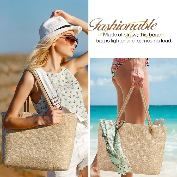Tavaleu Straw Beach Bags for Women, Large Beach Bag Summer Woven Tote Bag Travel Shoulder Handbags for Holiday