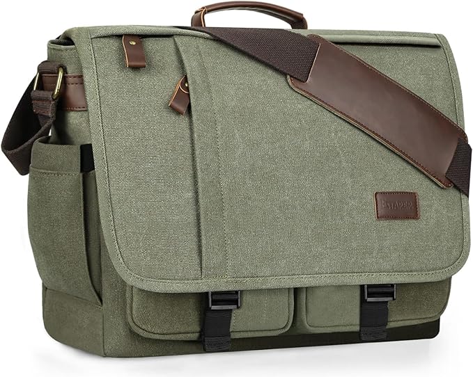 ESTARER Messenger Bag 17.3 Inch, Mens Computer Bag Water-resistant Canvas, Laptop Bag Satchel Briefcase for Teacher/College/Work/Travel, Army Green