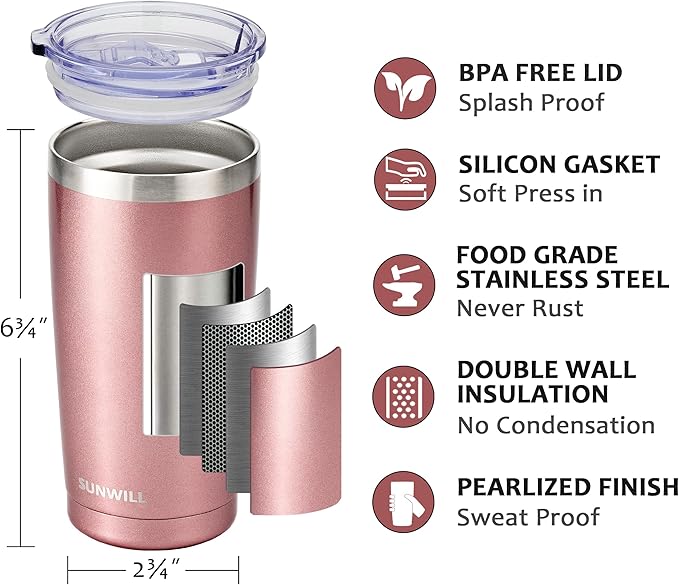 SUNWILL Travel Coffee Tumbler 20 oz, Insulated Mug with Lid, Stainless Steel Cup for Hot and Cold Drinks, Rose Gold