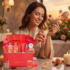 25 Pcs Mother's Day Gift, Red Rose Bath & Body Gift Basket Set for Women, Hydrating Skin Care Set, Home Spa Self Care Gifts, Cosmetic Bag, Necklace, Christmas, Birthday, Anniversary
