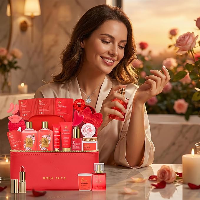 25 Pcs Mother's Day Gift, Red Rose Bath & Body Gift Basket Set for Women, Hydrating Skin Care Set, Home Spa Self Care Gifts, Cosmetic Bag, Necklace, Christmas, Birthday, Anniversary