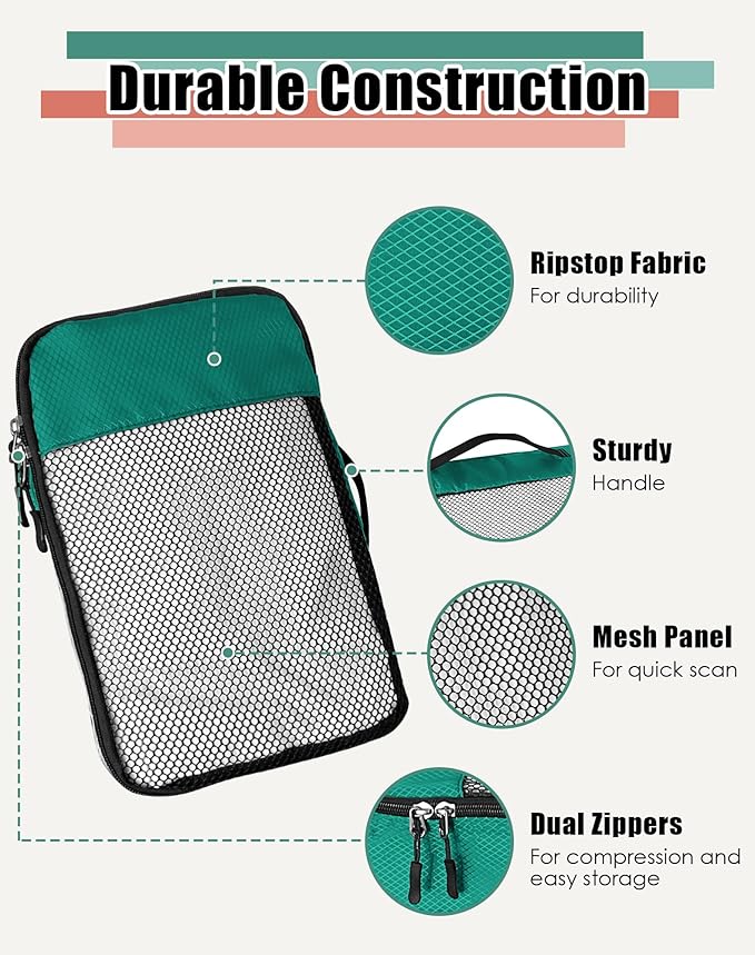 WTREE 4-Piece Packing Cubes Travel Accessories Set for Suitcases - Luggage Organizer Bags with Double Zipper - Mesh Top - Small/Medium/Large/Slim - Green