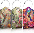 3 Pack Hummingbird Flowers Luggage Tags for Suitcase Floral PU Leather Travel Luggage Tag Privacy Cover ID Label for Women Men Baggage Backpack Handbag School Bag