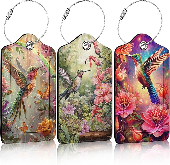 3 Pack Hummingbird Flowers Luggage Tags for Suitcase Floral PU Leather Travel Luggage Tag Privacy Cover ID Label for Women Men Baggage Backpack Handbag School Bag