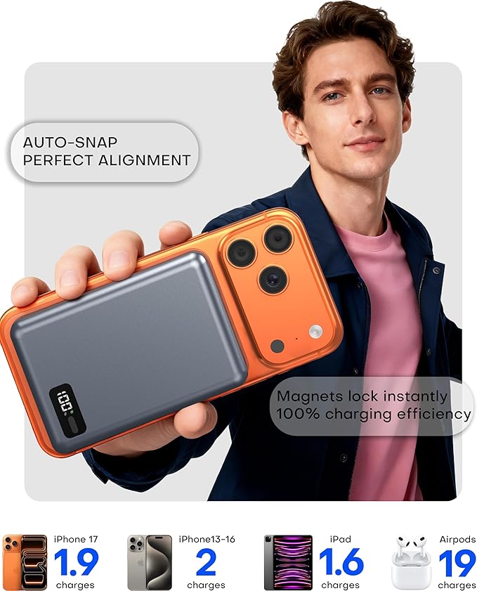 Enyneo Mag.Safe Portable Charger, 10000mAh Battery Pack - Qi2 Certified, 20W Fast Charging Wireless Magnetic Power Bank for iPhone 17/ Air/ 16/15/14/13/12 Series, Travel Camping Essential-Grey