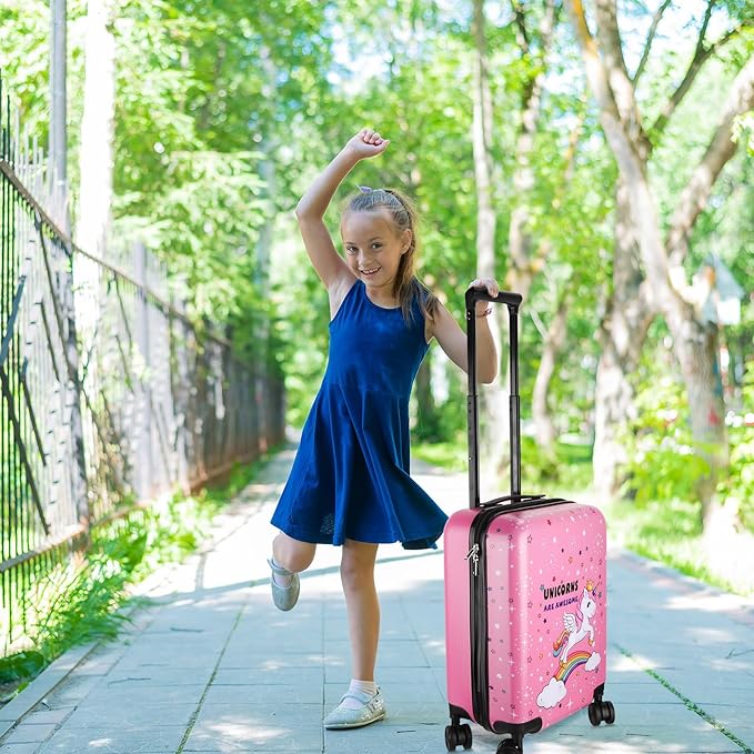 Weewooday Kids Luggage and Backpack 18 Suitcase with Spinner Wheel Hard Case Travel 13 Backpack Girl Suitcase Set for Kids Travel Supplies(Pink,Unicorn Style)