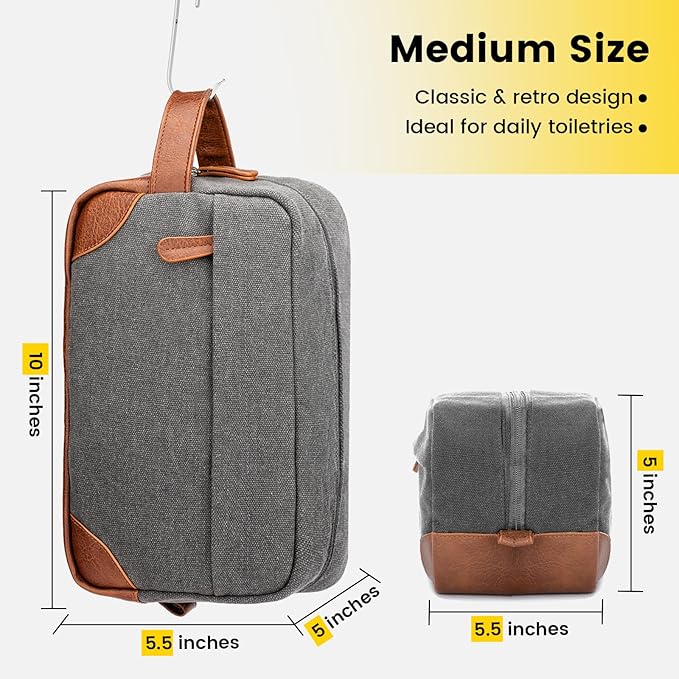 Vorspack Travel Toiletry Bag - Hanging Toiletry Bag for Men Water Resistant Canvas Shaving Bag with Large Capacity for Travel - Light Grey