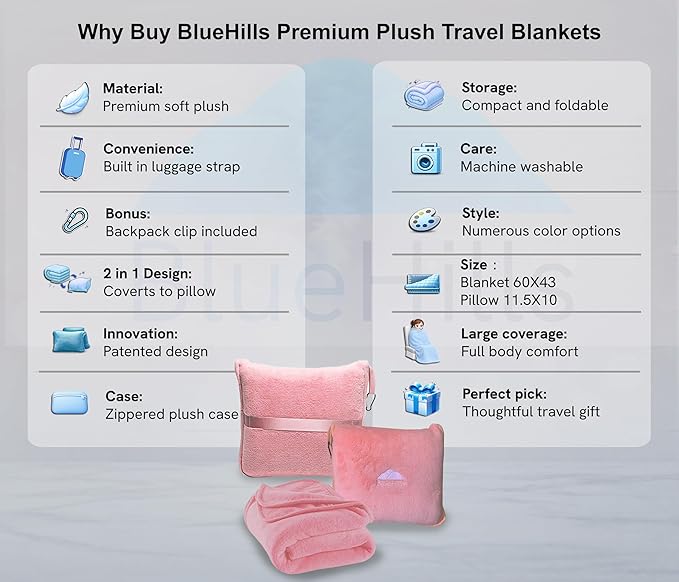 BlueHills Premium Soft Travel Blanket Pillow Airplane Blanket in Soft Bag case with Hand Luggage Belt and Carabiner Compact Pack Large Cozy Portable for Plane Car Train Transit Light Pink T020