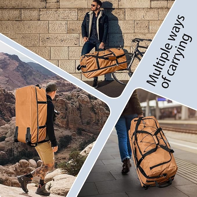 Rolling Duffle Bag with Wheels,110L/140L Expandable Soft-Sided Foldable Duffle Bag with 2 Rubber Wheels,Packable 32” Rolling Carry-On with Multi-Pockets & Compartments (brown)