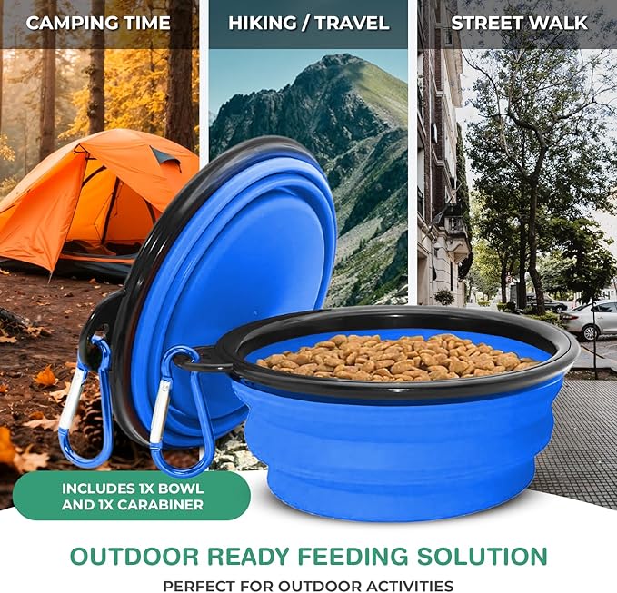 Collapsible Dog Bowls for Travel, Portable Dog Water Bowl & Food Bowl for Dogs and Cats, Foldable Pet Feeding Dish for Walking Hiking Camping with Carabiner, BPA Free, Blue