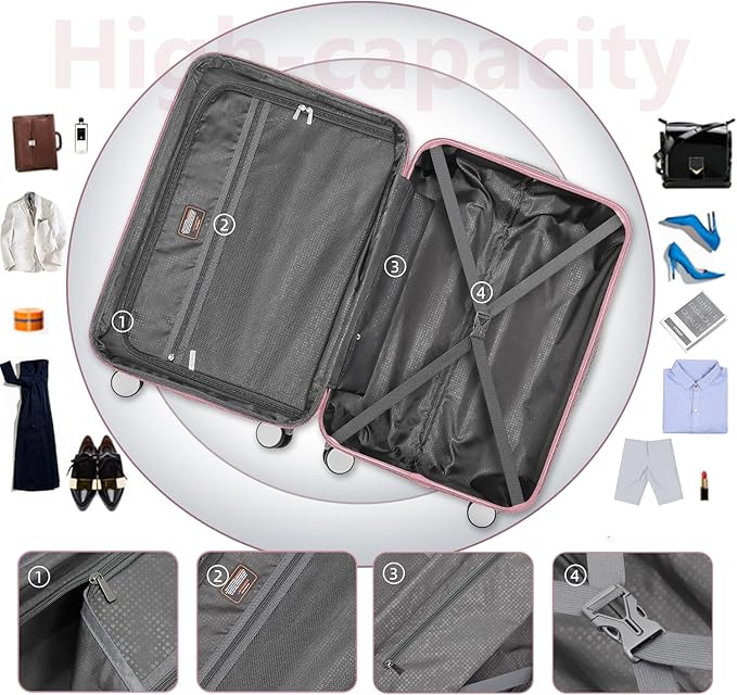 6 Piece Luggage Sets with Bags, Lightweight Expandable Checked Luggage Sets, Hardshell ABS Spinner Wheels Carry on Suitcase with TSA Lock, for Travel, Women Men (Pink, 18/20/24/28inch+2bags)