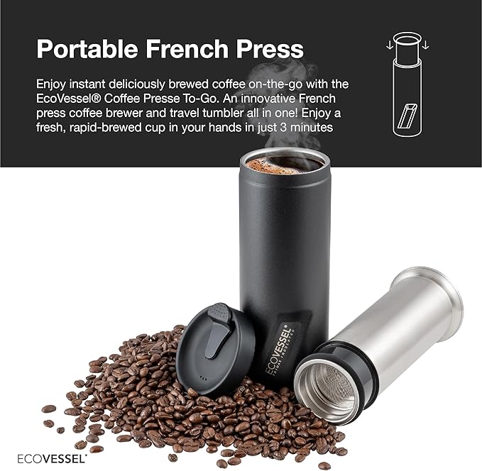 EcoVessel Travel French Press, Portable Coffee Maker, Stainless Steel Insulated Coffee Press, Reusable Single Serve Bottle for On-The-Go Use, 14oz (Black)