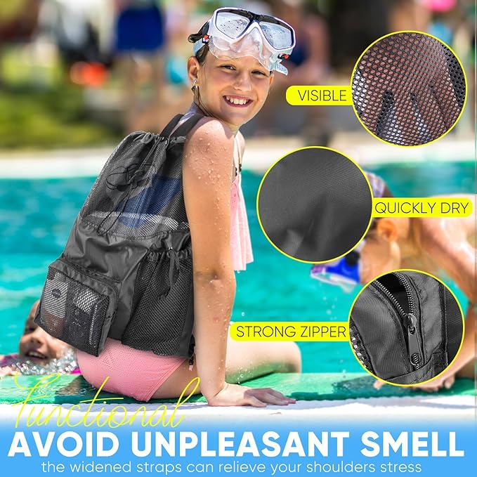 HOHOM Swim Mesh Beach Bag, Waterproof Gym Bags for Women and Men, Large Pool Bag Swimming Gear Drawstring Backpack