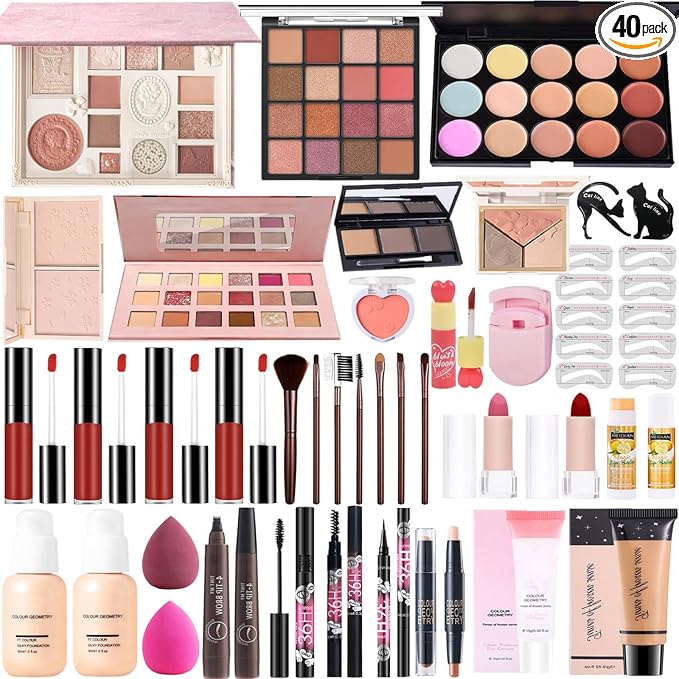 All-in-One Makeup Kit for Teens Women Full Kit, Makeup Gift Set for Girls, Makeup Essential Bundle Includes Eyeshadow Foundation Lipsticks Lipgloss Mascara Eyeliner Contour Stick Cosmetic Brush Set