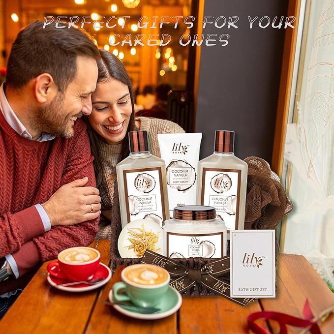 Gifts for Women and Men, Mothers Day Gift Basket for Mom, Bath and Body Gift Basket Set - 7Pcs Coconut Vanilla Spa Gift Basket Set | Christmas, Birthday, Gifts for Mom, Gift for Mom and Dad