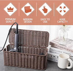 Cable Management Box, Handmade Rattan Cable Organizer with 2 Open Slots, Cord Hider for Power Strip, Router & USB Hub, Registered U.S. Design Patent (D1,112,102), 13" x 5.1" x 5.1", Brown