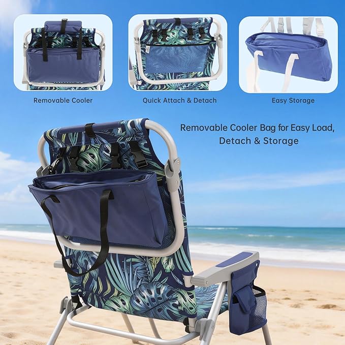 SUNNYFEEL Low Beach Chair, 5-Position Lay Flat Reclining, Backpack Portable Folding Chair with Cooler Bag & Cup Holder, Heavy Duty 350 LBS, Compact for Beach, Camping, Travel