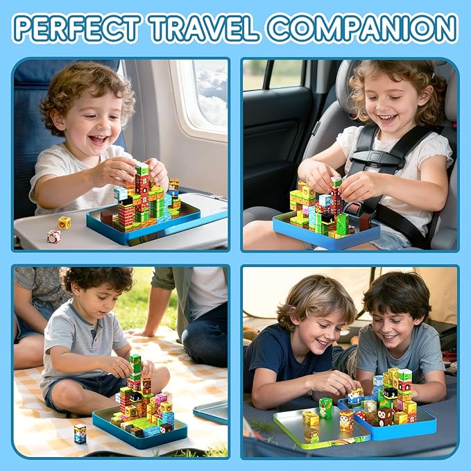 60PCS Mini Magnetic Building Cubes Set, Adventure-themed Magnetic Blocks, Portable Magnetic Travel Blocks with Iron Case, Educational Toy for Kids STEM & Construction Learning for Kids Aged 3+
