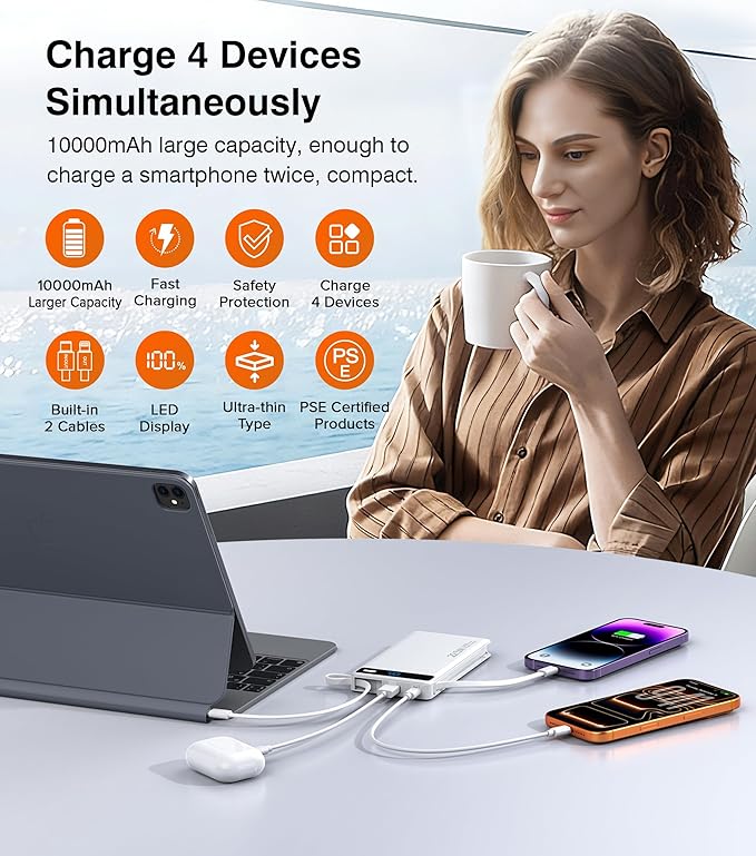 Power Bank with 2 Built-in Cables 10000mAh, 22.5W PD Slim Portable Charger USB C Battery Pack, Travel Essentials Fast Charging Powerbank Compatible with iPhone 17 16 Plus Pro Galaxy iPad White(1 Pack)