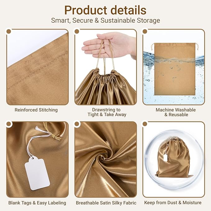 Ewen Pack of 12 Drawstring Dustbags with Blank Tag, Small Medium Large Satin Storage Pouch Dustproof for Travel Essentials, Silk Dustbag Packing Bag for Closet Home Storage Shoes Handbags Organization