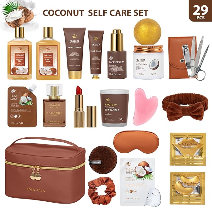 25 Pcs Mother's Day Gift, Bath & Body Gift Set for Women, Skin Care Set, Coconut Vanilla Spa Gift Basket, Self Care Set, Cosmetic Bag, Christmas, Birthday, Anniversary, Valentines, Mom, Wife