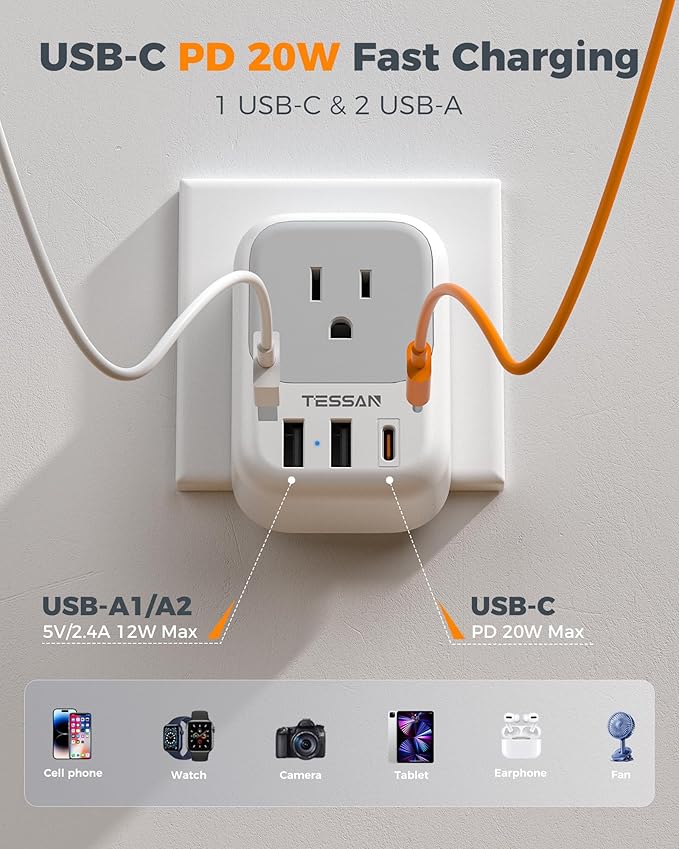 TESSAN 2 Pack Type E F Plug Adapter, Germany France Power Travel Adaptor with 3 USB Charger(1 USB C PD 20W), 4 Outlets Schuko Plug for US to Europe Spain Iceland Korea Greece Russia German French