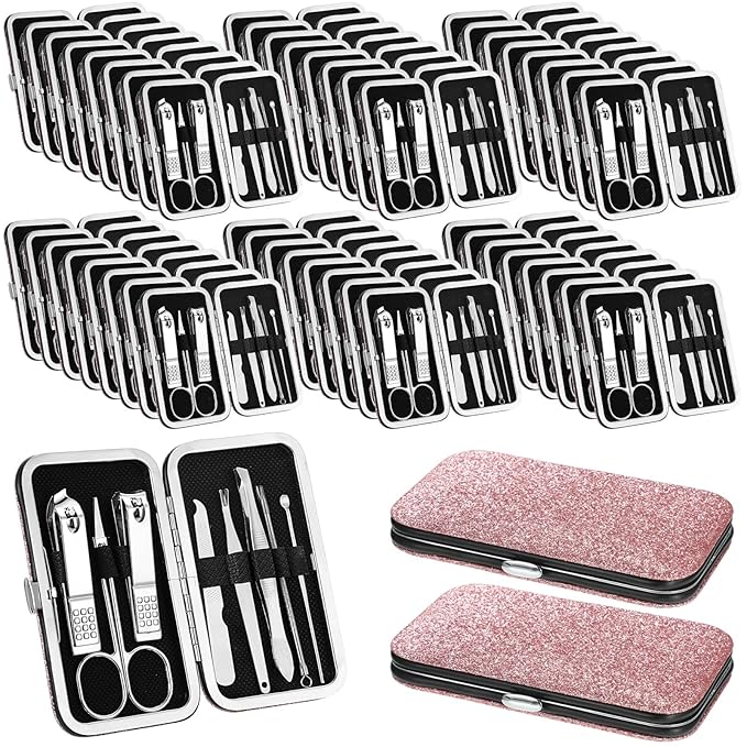 Geosar 50 Set 8 in 1 Travel Manicure Kit Bulk Professional Nail Clippers Pedicure Nail Care Tools Grooming Stainless Steel Set with Portable Travel Case, Gift for Valentine Men Women(Glitter Pink)