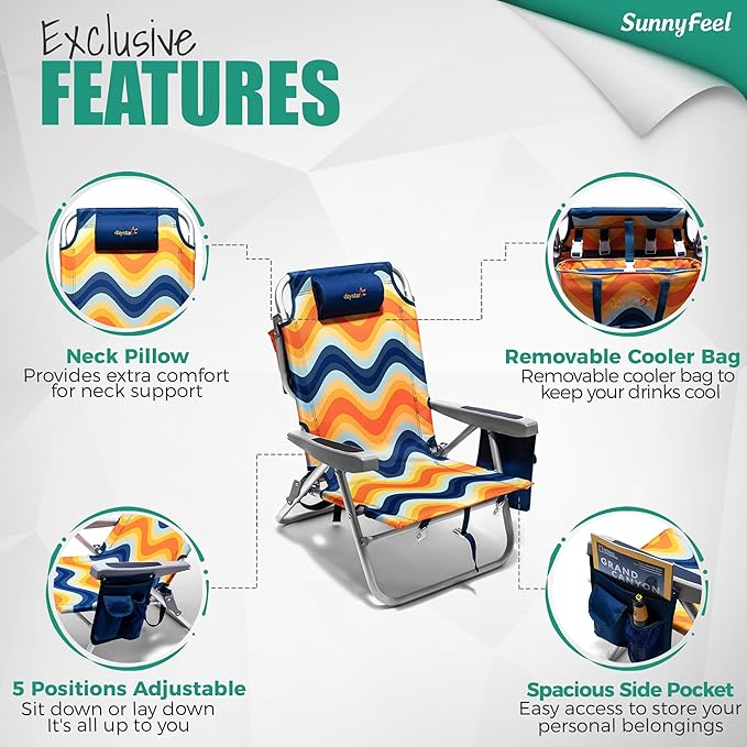 SUNNYFEEL Low Beach Chair 2 Pack, 5-Position Lay Flat Reclining, Backpack Portable Folding Chairs with Cooler Bag & Cup Holder, Heavy Duty 350 LBS, Compact for Beach, Camping, Travel