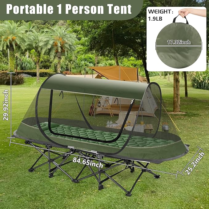 Pop-Up Mosquito Tent for Camping, 1 Person Bug Net Cot Tent, 3s Automatic Setup Screen Net for Adults & Kids, Fits with Camping Cot, Lightweight & Portable for Outdoor Hiking Traveling
