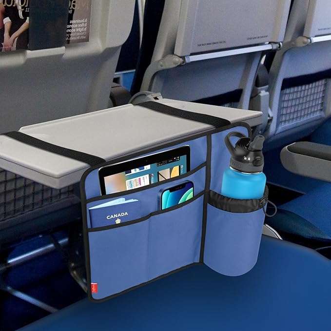 Airplane Seat Back Organizer & Storage, Airplane Tray Table Cover for Personal Items, Airline Seat Hanging Pockets Media Pouch,Reusable Travel Essentials,Fits Tablets,Cell Phone,Water Bottle (Blue)