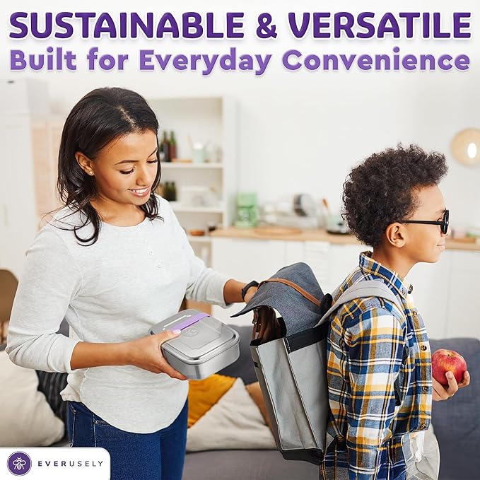 Everusely - Bento Box - Lavender, 60oz / 1.8 L - Extra Large Stainless Steel Lunch Box + Leakproof Condiment Container - 3 Compartment Snack Organizer for On the Go Meals - Freezer & Dishwasher Safe