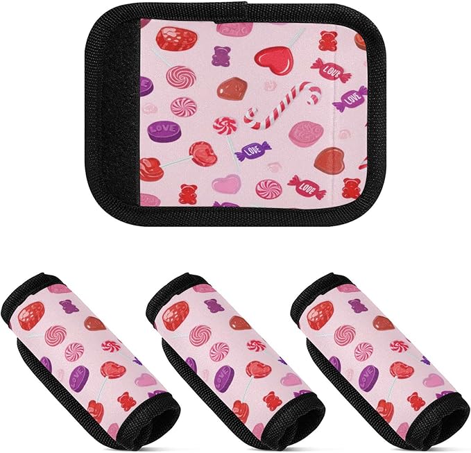 4 Pack Valentines Candy Luggage Handle Wrap, Detachable Luggage Tag, Neoprene Suitcase Wrap with Comfort Grip & Bright Identifier for Suitcase, Travel Bag, Sports Bag