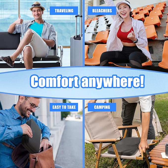 Dunzy Travel Seat Cushion Portable Airplane Seat Cushion 14.6" × 10.4" Foldable Memory Foam Comfort Pad for Stadium, Flights, Office, Camping, Bleachers