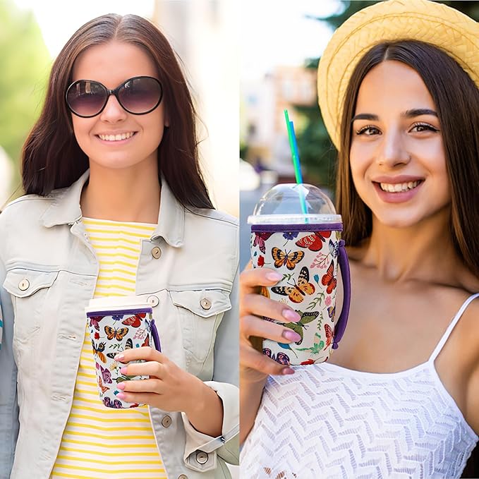 KJQJLY 3 Pack Reusable Iced Coffee Sleeves for Iced Coffee Cups or Drinks Reusable Neoprene Insulated Sleeves for Hot and Cold Drinks from Starbucks, Dunkin, And More (White butterfly)