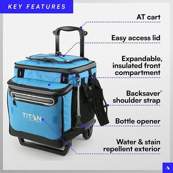 Titan by Arctic Zone Collapsible Wheeled Soft Sided Cooler with Detachable Rolling AT Cart, Insulated Bag with Leak Proof Lining, for Travel, Beach, Picnic, 60 Can Capacity