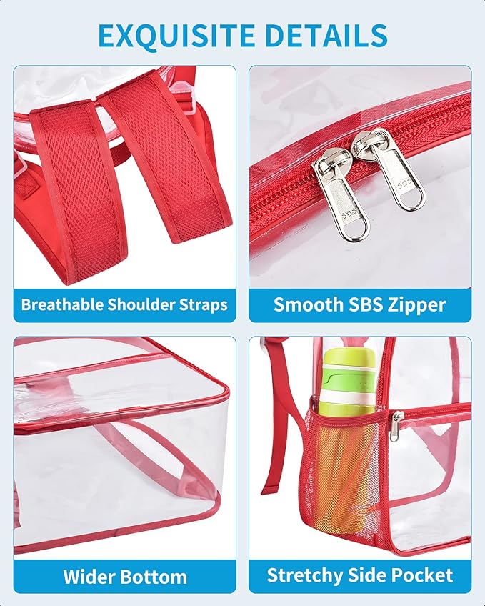 Paxiland Clear Backpack Stadium Approved 12×12×6 with Reinforced and Wider Shoulder Straps, Small Clear Bag for Schools, Concerts, Work, Festivals and Sporting Events - Red