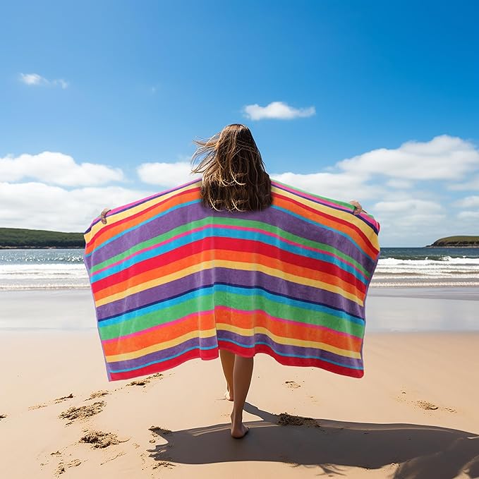 COTTON CRAFT Oversized Beach Towel - 2 Pack 35x70 XL Summer of Siam Towel Set - 100% Cotton Pool Bath Towel - Terry Jacquard Velour 450 GSM Plush Super Soft Absorbent Luxury - Multi Color Stripe
