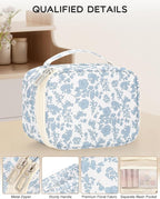Relavel Travel Makeup Bag, Mini Floral Cosmetic Bag with 2 Makeup Brush Holders, Portable Makeup Pouch for Women, Cute Toiletry Bag with Double Layer Organizer, Blue Flower-Smaller