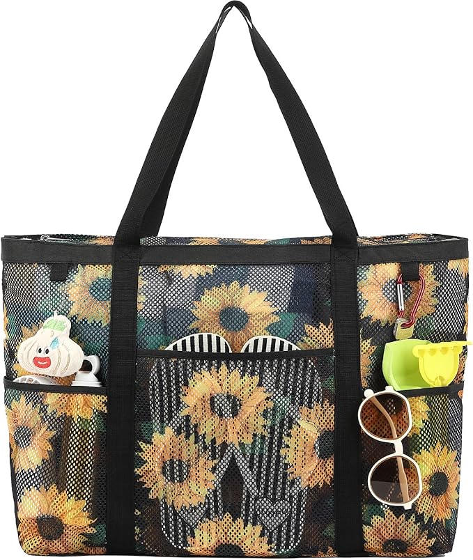 Fammart Mesh Beach Bag with Zipper, Large Beach Tote for Women, Toys Pool Swim Bag Travel Vacation Cruise Essentials