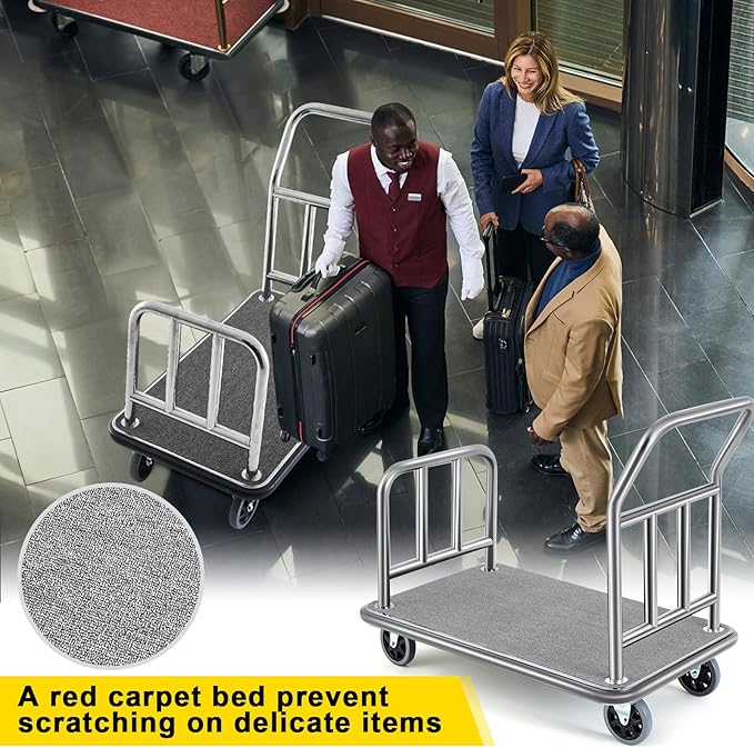Gilprop Hotel Luggage Cart Bellman's Cart Rectangular Steel Deluxe Platform Truck Holds 850lbs of Luggage (Grey)
