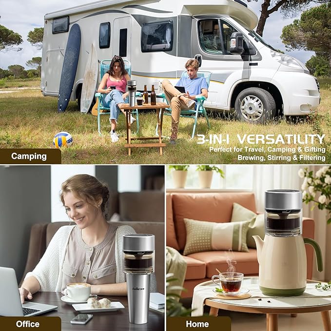 Portable Rapid Coffee Maker – 2-6 Min Quick Brew Electric Coffee & Tea Infuser Makes Smooth, Low-Acid Coffee, 16oz Stainless Steel Travel Cup for Camping, Office, Hiking, Beach, Hotel, RV