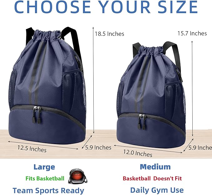 JELUTAR Drawstring Backpack Gym Bag with Shoes Compartment for Soccer, Basketball, Swim, Water-Resistant String Backpack Beach Cinch for Women Men, Navy Blue