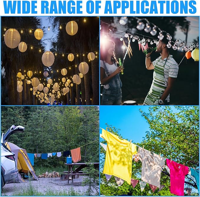 40ft Clothes Line Outdoors 3/16" Wire Ropes Blue PVC Coating Laundry Drying Clothesline Retractor with Metal Hooks Heavy Duty for Umbrella Travel Outside Camping Backyard
