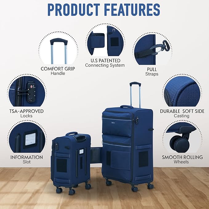 TACH LITE Samba Softside 3 Piece Luggage Set 20/24/28 Inch | Connectable Suitcases with Spinner Wheels | Lightweight Travel Suitcase with Wheels Carry On & Checked Bags | Luggage Set (Navy Blue)