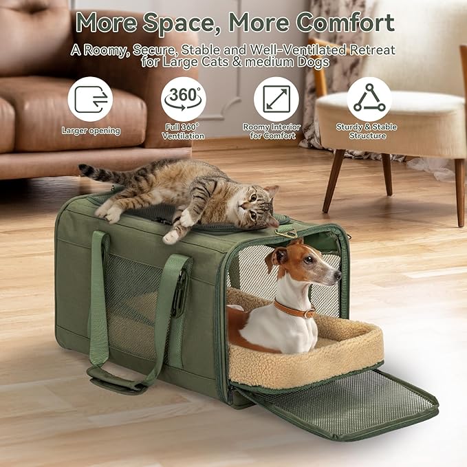 Petsfit 19x12x12 Pet Carrier for Large Cats (up to 20 lbs), Soft-Sided Small Dog Travel Carrier, Upgraded with Patented Buckle and Soft Padding, Ideal for Car Road Trips Green