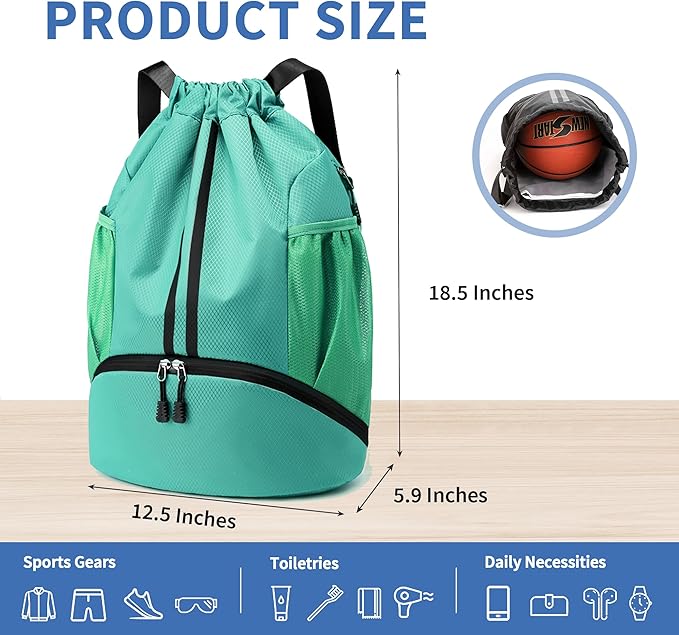 JELUTAR Drawstring Backpack Gym Bag with Shoes Compartment for Soccer, Basketball, Swim, Water-Resistant String Backpack Beach Cinch for Women Men, Mint Green